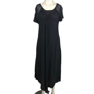 SAKKAS - WOMEN'S FREE SIZE -BLACK SHORT SLEEVE COTTON EMBROIDERED MAXI DRESS
